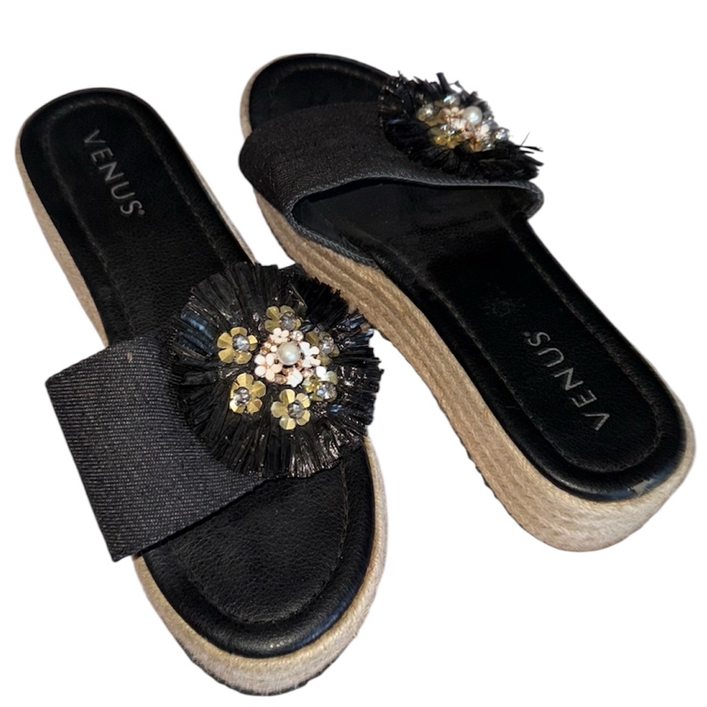 Venus Black Espadrille Slide Sandals With Floral Embellishments Size 8